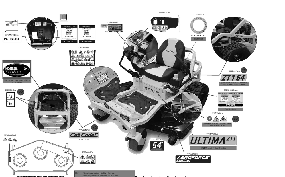 Label Map Diagram and Parts List for ZT1-54KH (17CM210)(2021) Cub Cadet Lawn Tractor